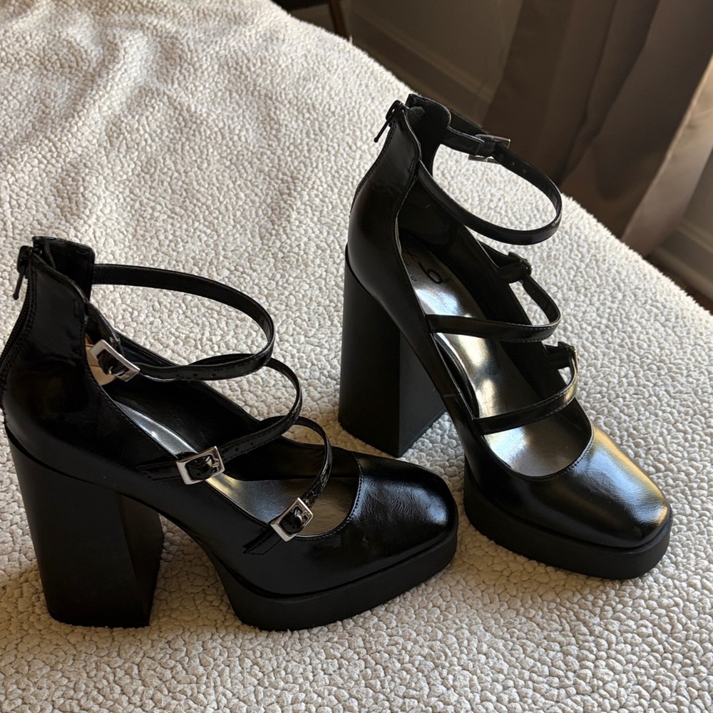 Black Triple-Strap Platform Heels